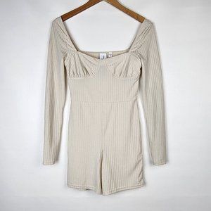 Collusion Neutral Beige Ribbed Knit Playsuit Romper Shorts Size 4 Long Sleeve